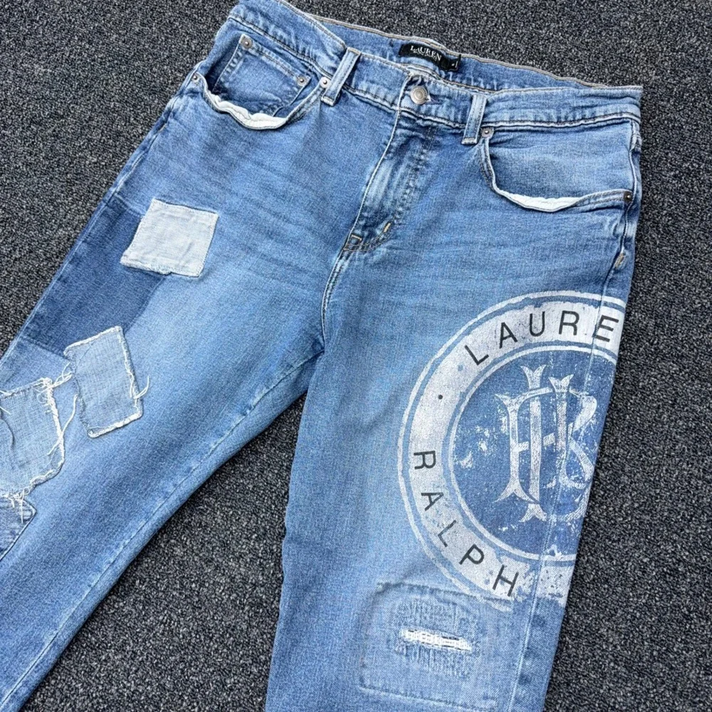 Lauren Ralph Lauren Womens Patchwork Logo Crest Straight Leg Jeans Blue Size 10 - Picture 10 of 11